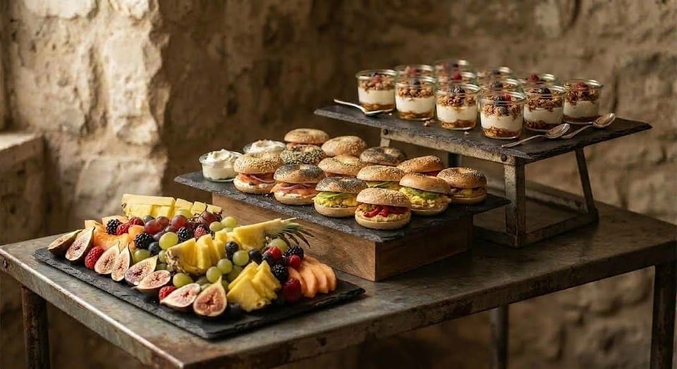 A catering spread: filled bagels, fruit platter and yogurt granola pots