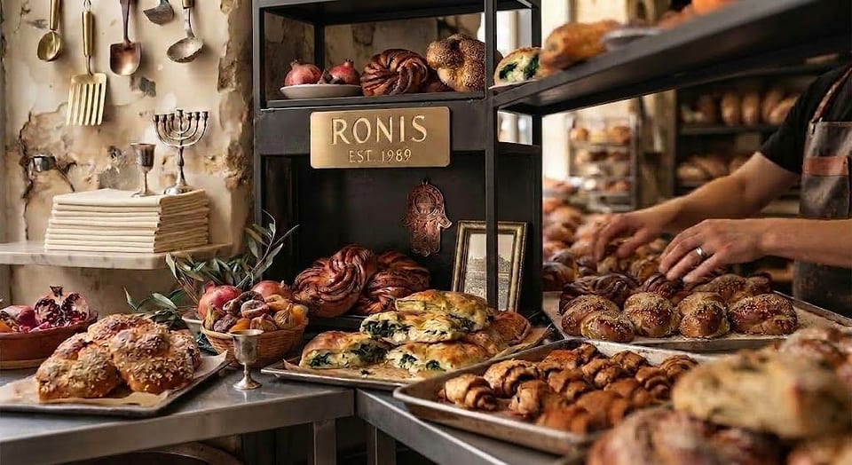 Roni's counter with babka, borekas, challah and pastries fresh from the oven
